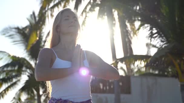 Front Shot Backlit Blonde Mature Woman Hands Prayer Lowering Them — Stockvideo