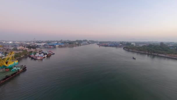 Fishing Boats Docked Lakeshore Rayong Port Thailand Sunrise Aerial Shot — Stockvideo