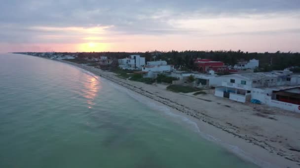 Aerial Side Slip Right Sunrise Showing Coastline Lighthouse Town Telchac — Vídeo de Stock