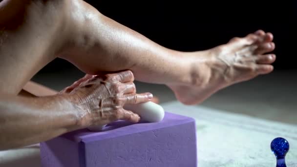 Low Extreme Closeup View Mature Woman Using Massage Tool Myofascial — Vídeo de stock