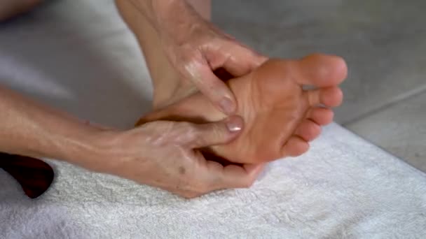 Extreme Closeup Mature Woman Massaging Her Foot Her Hands — Stockvideo