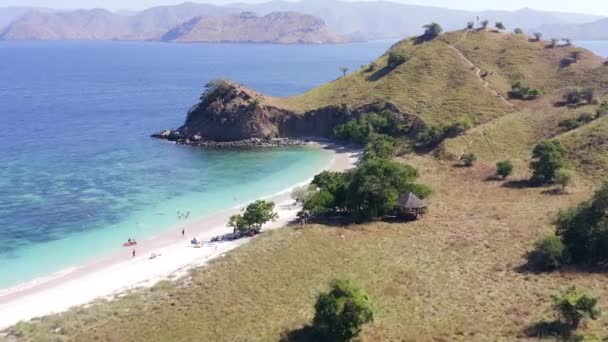 Luchtfoto Van Pink Beach Met Koraal Omzoomde Wateren Van Komodo — Stockvideo