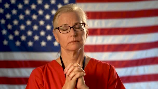 Medium Tight Portrait Healthcare Nurse Looking Concerned Praying Out Focus — Video Stock