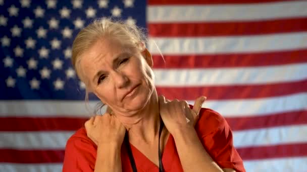 Medium Tight Portrait Nurse Looking Overwhelmed Stressed Hands Her Neck — Vídeo de stock