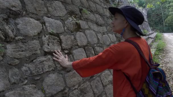 Closeup Woman Touching Stones Acropolis Balam Archaeological Park Yucatan Mexico — Stock Video