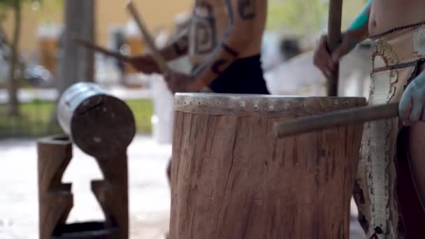 Extreme Closeup Mayan Aztec Drummers Playing Wooden Drums Animals Skins — Wideo stockowe