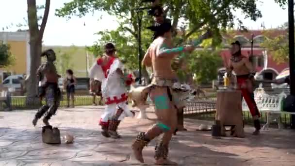 Shallow Depth Field Showing Mayan Aztec Dancers Performing Park Valladolid — Vídeo de stock