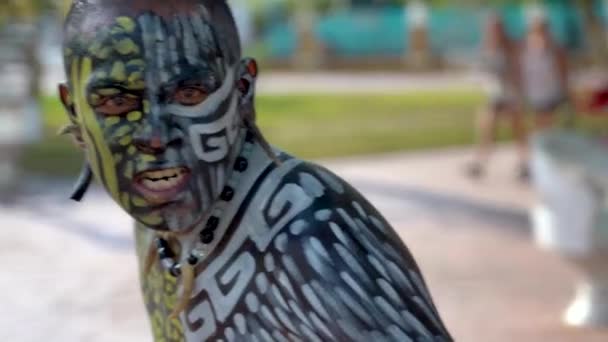 Extreme Closeup Portrait Mayan Aztec Dancer Painted Face Performing Camera — 图库视频影像