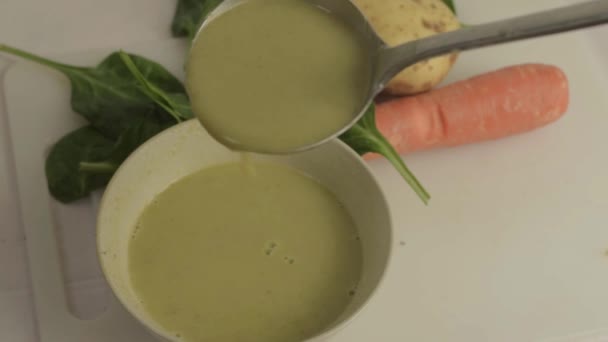 Pouring Healthy Vegetable Soup Bowl Ladle — Video Stock