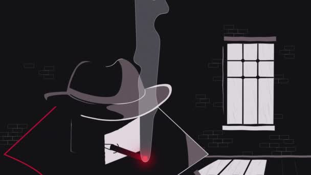 Animation Flat Style Police Detective Smokes Cigar While Investigating Clues — Stock Video