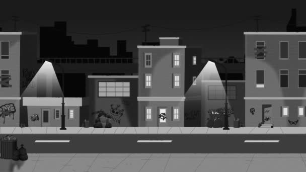 Animation Suburban Street Full Garbage Graffiti Streetlights Blink Empty Street — Stock videók