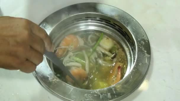 Delicious Hot Pot Soup Stainless Bowl Shrimp Vegetables Corn Closeup — Vídeos de Stock