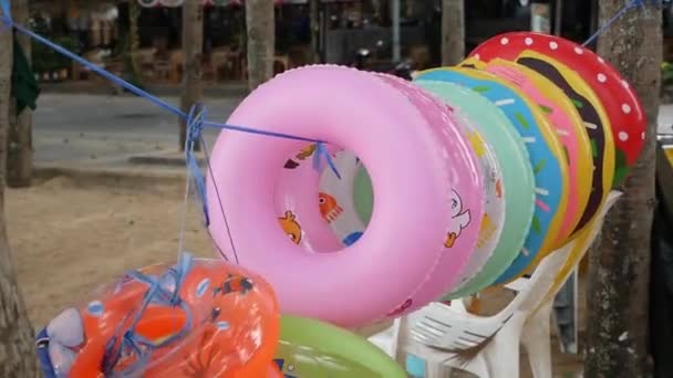 Colorful Life Buoy Hanging Rope Beachside — Stock Video