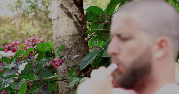 Green Vegetation Red Flowers Background Front Defocused Bearded Bald Man — Stock Video