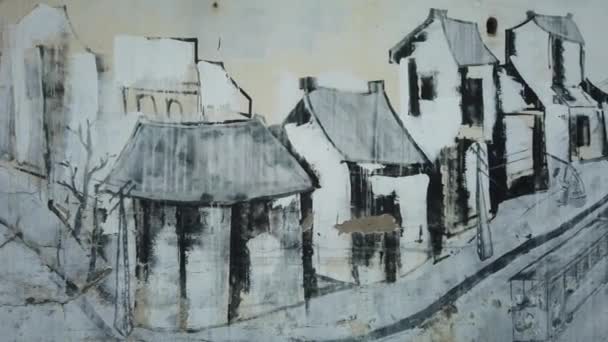 Stabilized Shot Old Wall Mural Depicting Quiet Vietnamese City Life — Vídeo de Stock