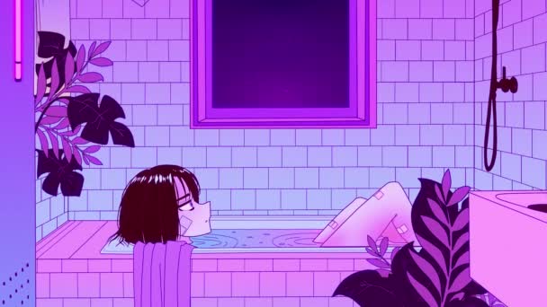 Animation Anime Girl Takes Relaxing Bath Hard Day Chilling School — Video Stock