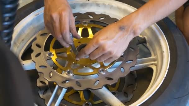 Close Footage Mechanic Working Disc Brake Installation Motorcycle — Video