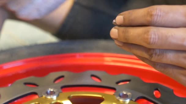 Close Footage Mechanic Working Disc Brake Installation Motorcycle — Video