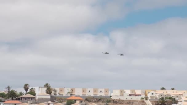 Slow Motion Shot Two Military Helicopters Flying Residential Area Porto — Stockvideo