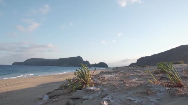 Panoramic Wide Shot Dunes Deserted Beach Islet Background Porto Santo — Videoclip de stoc