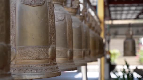 Big Metal Bells Hanging Row Thai Temple — Stock videók