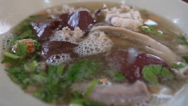 Close Footage Pig Blood Pudding Pork Insides Soup Thai Popular — Video Stock