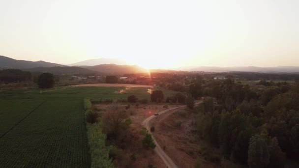 Aerial Drone Shot Flying Forward Gravel Road Green Fields Being — Vídeo de Stock