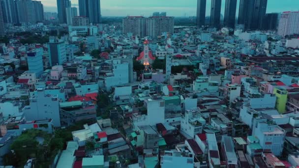 Early Morning Drone Fly Modern Urban Rooftops Away Illuminated French — Video Stock