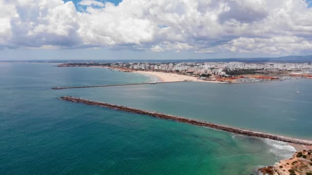 Aerial Flying Rock Pontoon Clear Waters Ferragudo Algarve — Stock video