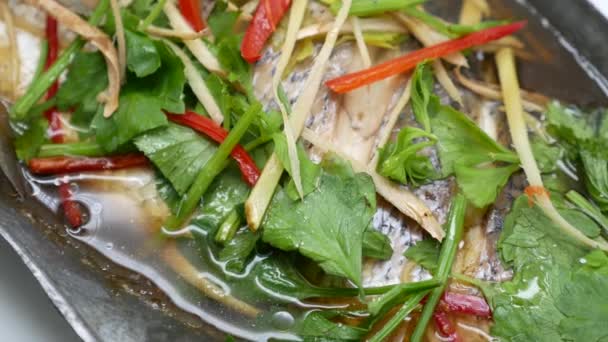 Close Footage Steamed Sea Bass Soy Sauce Soup Chinese Thai — Stock video