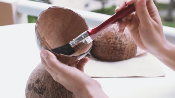 Female Hands Gently Brushing Sanded Coconut Shells Oil Woman Crafting — Vídeo de Stock