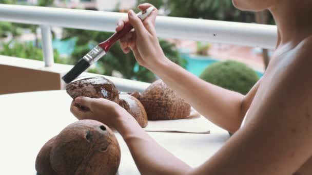 Young Female Crafting Coconut Shells Balcony Home Woman Brushing Coconut — Vídeos de Stock