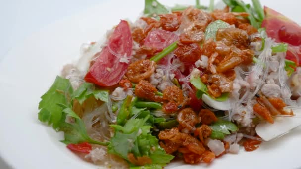 Close Footage Yum Woon Sen Spicy Vermicelli Seafood Salad One — Stock videók