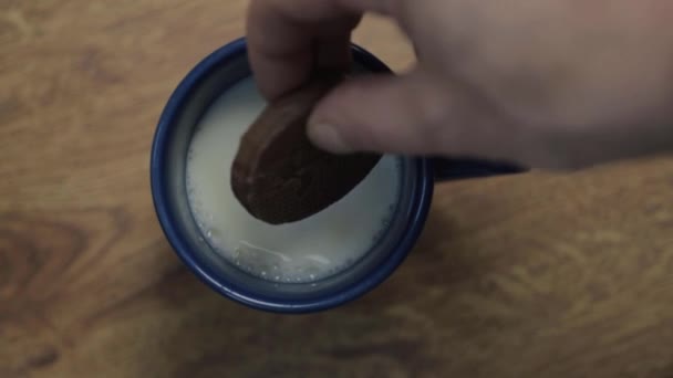 Hand Dunking Cookie Mug Milk Flat Lay Close — 图库视频影像