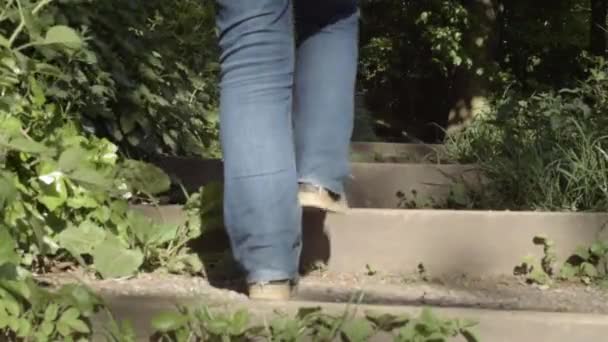 Legs Walking Outdoor Wooden Staircase Entrance — Video