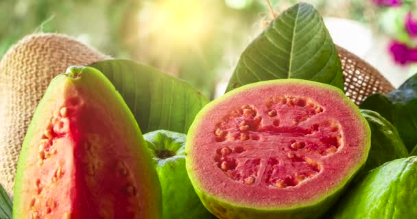 Red Guavas Sliced Sunset Background — Stockvideo
