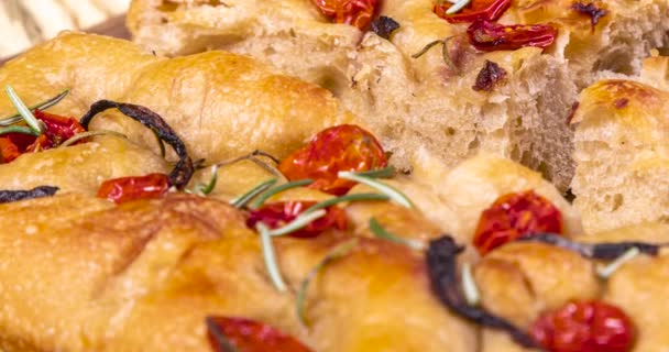 Traditional Italian Focaccia Pepperoni Cherry Tomatoes Black Olives Rosemary Onion — Stock Video