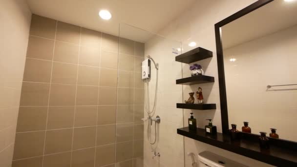 Modern Stylish Bathroom Decoration Idea Big Mirror Beige Tiles — Vídeo de Stock