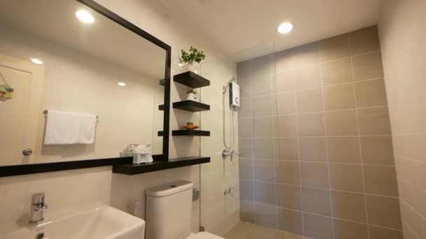 Modern Stylish Bathroom Decoration Idea Big Mirror Beige Tiles — Wideo stockowe