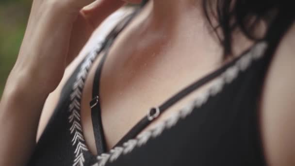 Young Female Sweating Hot Day Gently Touching Her Neck Chest — Video Stock