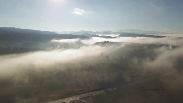 Вид Воздуха Густые Облака Тумана Над Сельской Местностью Дорожным Узлом — стоковое видео