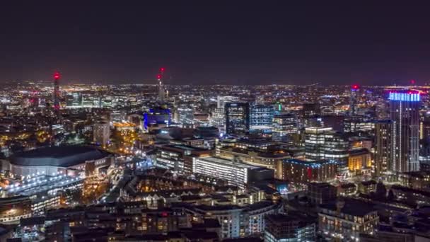 Aerial Night Time Hyperlapse Birmingham City Centre Aircraft Distance — стоковое видео