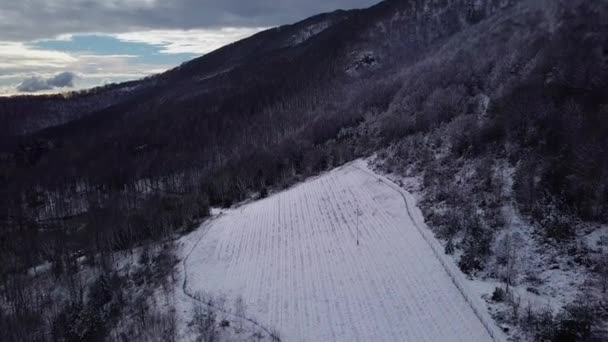 Spectacular Scenic Flight Snow Covered Farmland Rural Country Hillside Sunny — Stockvideo