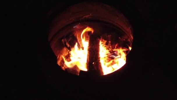 Slow Motion Burning Wood Logs Fire Barrel Night — Vídeos de Stock