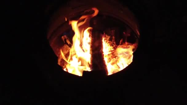 Slow Motion Burning Wood Logs Fire Barrel Night — Stock video