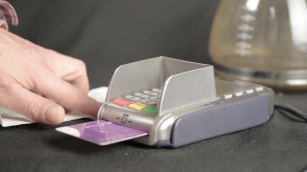 Hand Checking Receipt Paying Goods Card Medium Shot — стоковое видео
