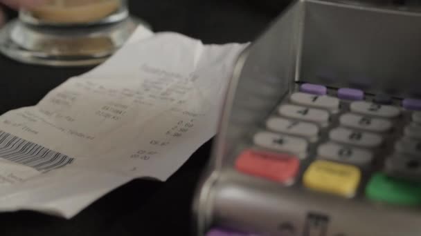 Hand Checking Receipt Paying Goods Cash Close Shot — Stockvideo