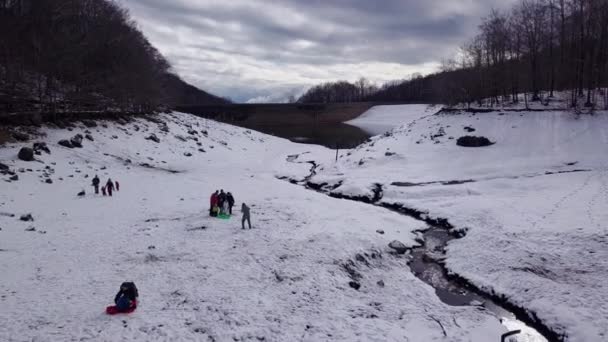 Picturesque Winter Flight People Playing Snow Dogs Kids River Edge – stockvideo