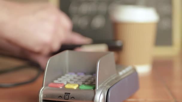 Hands Using Cell Phone Cafe Payment Terminal Machine Close — Stock Video