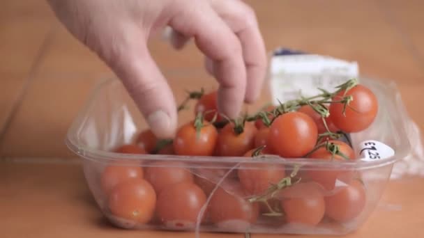 Hand Picking Cherry Vine Tomatoes Packet — Stockvideo